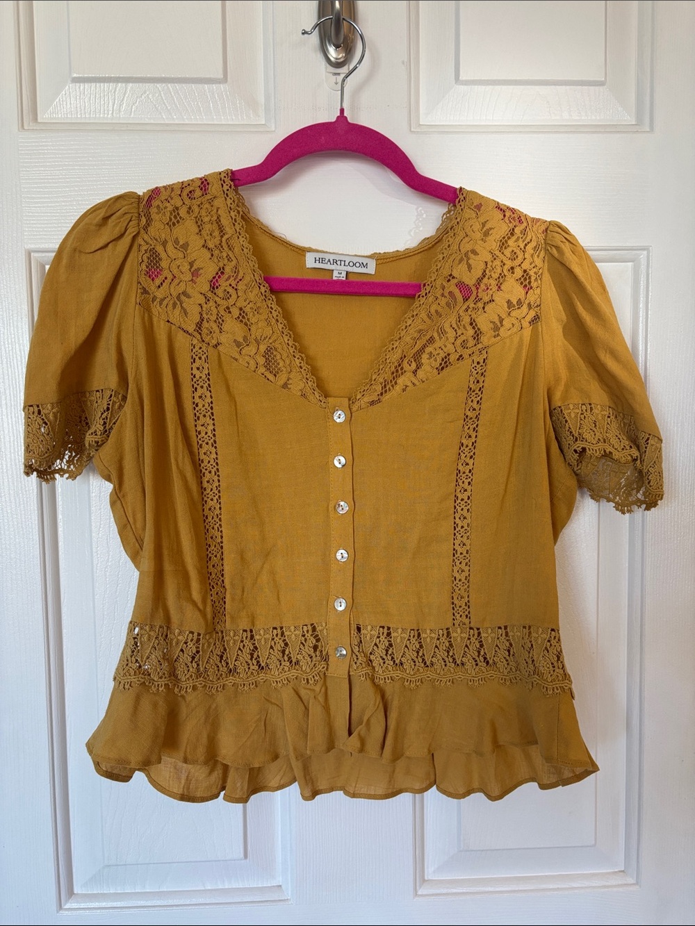 Heartloom Mustard Yellow Lace-Trim Button Front Blouse